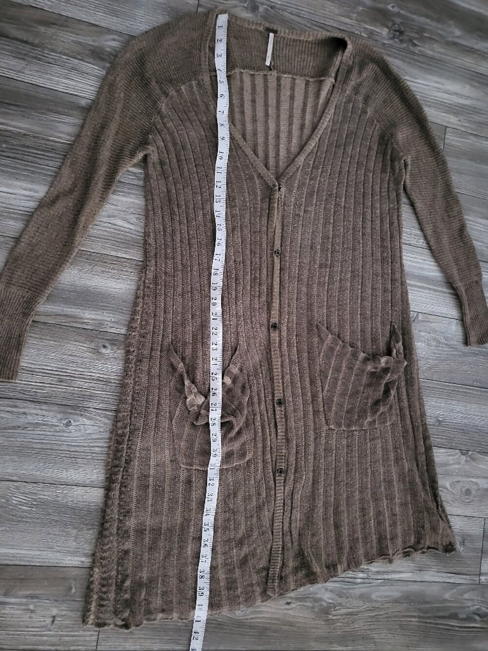 Free People Shadow Stripe Ribbed Knit Duster Cardigan Olive Khaki S - Picture 5 of 9